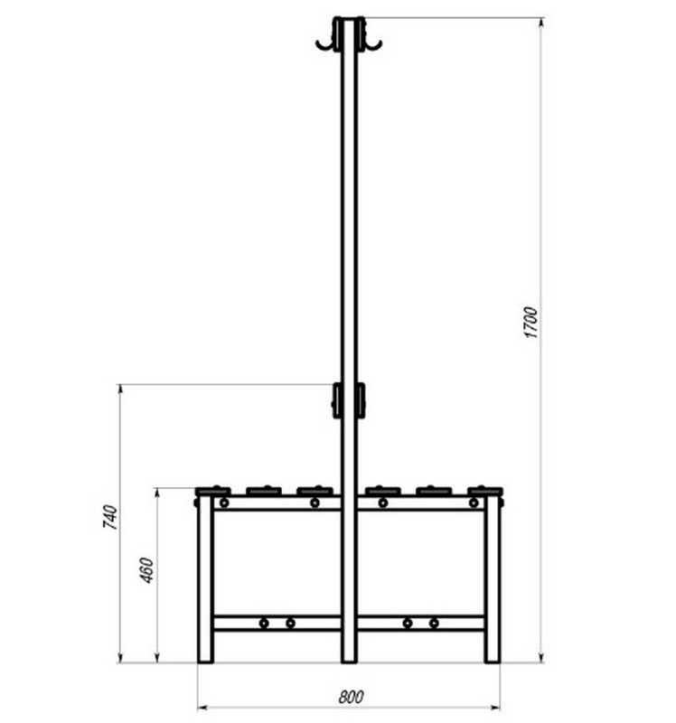 Скамейка с вешалкой для раздевалок двухсторонняя, 200 см Spektr Sport цельная 748_800